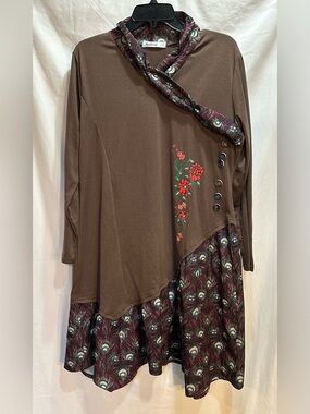 Nextmia Brown Tunic with Peacock-Print Scarf  Trim and bottom ruffle.